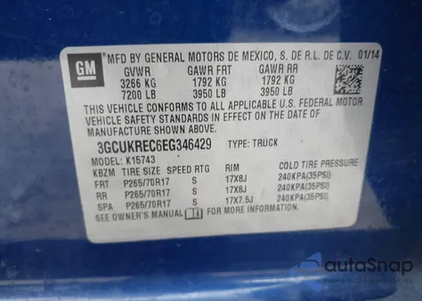 2014 Chevrolet Silverado 1500 2Lt из США, поврежденный, VIN 3GCUKREC6EG346429